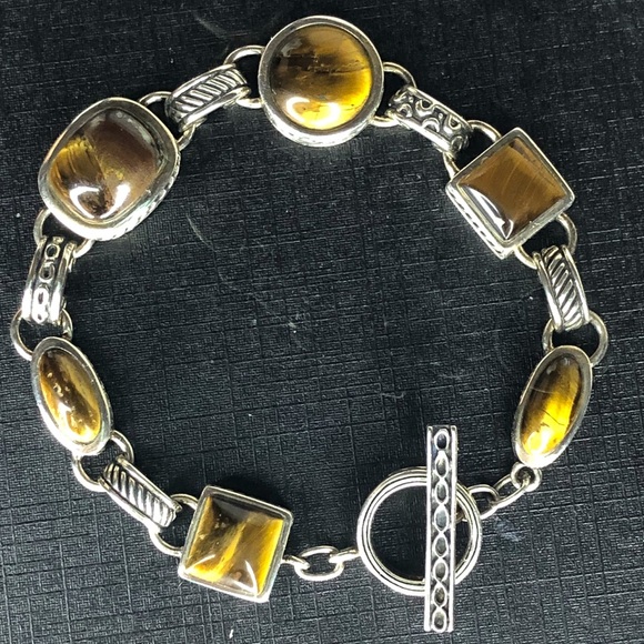 BARSE Sterling Silver Tigers Eye and Cats Eye Cabochon Toggle Bracelet - Picture 15 of 17